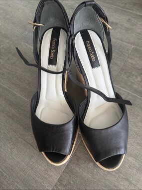 Franco Sarto Black Peep-Toe Espadrille Wedge with Ankle Strap